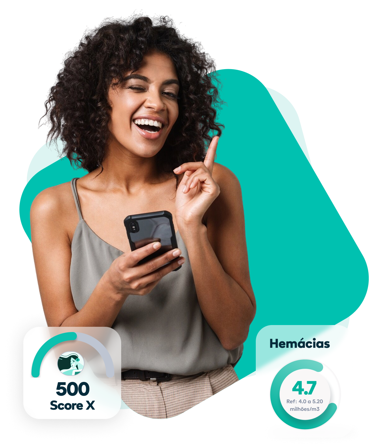 Mulher sorridente segurando celular com badges de saúde